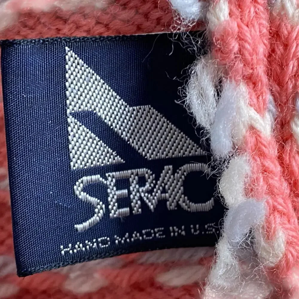 Vintage 80s Serac Wool Beanie Pink Birdseye Print Pom Pom Womens Ski Hat USA